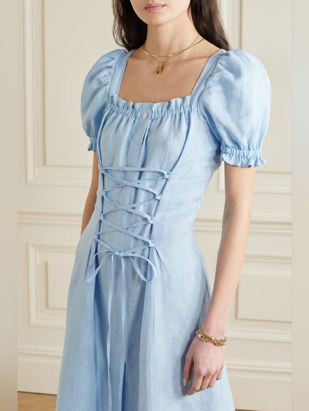 Sleeper 100% linen marquise dress in azure blue, xsmall